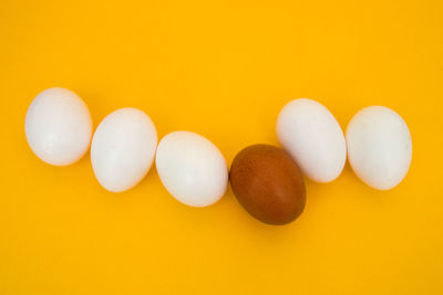 Close-up of eggs against yellow background