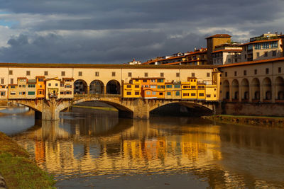 Arch bridge over river against sky in city