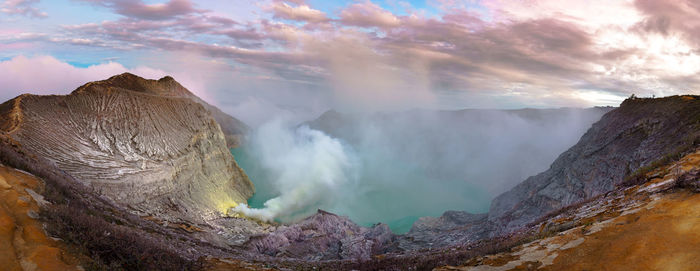 Panoramic view of volcanic landscape against sky