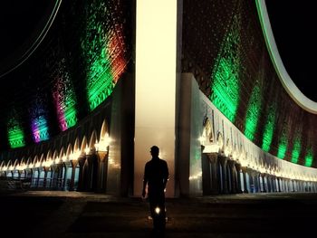 Rear view of man walking on illuminated building at night