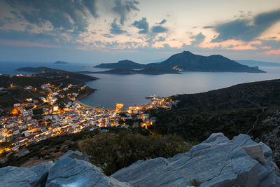 Fourni town and thymaina island as seen from acropolis at sunset.