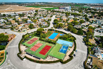 High angle view of buildings in city