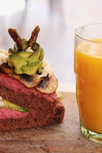 Close-up of avocado toast, breakfast and food on table