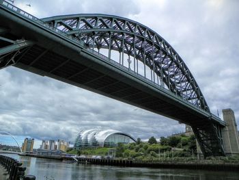 Bridge over river against cloudy sky