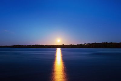 Scenic view of lake against clear sky at sunset