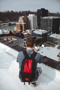 High angle view of man standing in city
