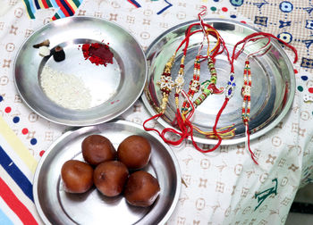 Directly above shot of breakfast in plate on table