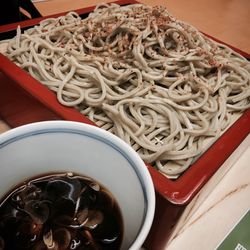 High angle view of pasta in bowl on table