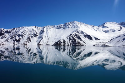 Scenic view of snowcapped mountains against blue sky