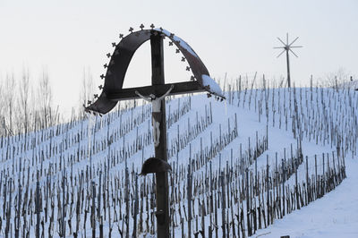 Snow covered fence against sky