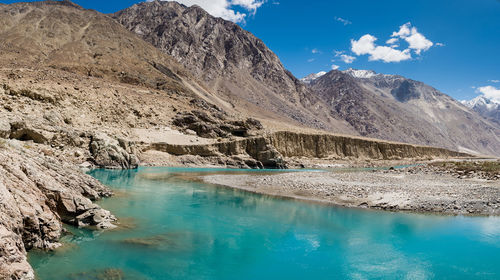 Scenic view of lake by mountains against sky