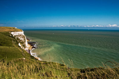 Scenic view of sea against clear blue sky