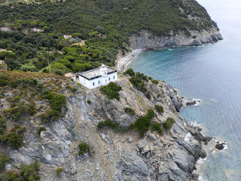 High angle view of sea against mountain