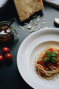 High angle view of fruit salad in plate on table