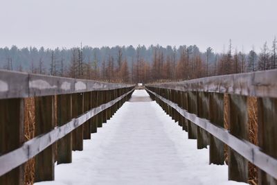 Footbridge amidst trees against clear sky