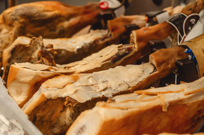 Top view of sliced pork ham. jamon in supermarket.