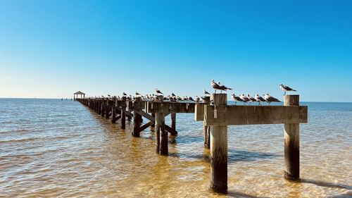 Pier over sea against clear blue sky