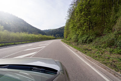 Photo from the window of a car that rides on a road with turns along the forest 