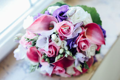 High angle view of pink rose bouquet