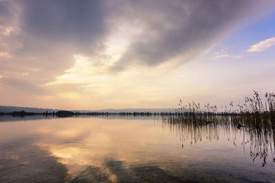 Scenic view of lake against sky during sunset