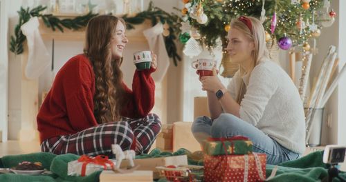 Smiling friends toasting wineglasses on sofa at home