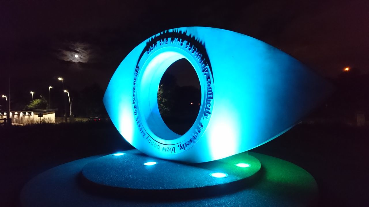 illuminated, night, lighting equipment, blue, glowing, circle, shape, close-up, geometric shape, no people, design, light painting, light, technology, light - natural phenomenon, electric light, focus on foreground, arts culture and entertainment, indoors, communication, inflatable, electrical equipment, electric lamp