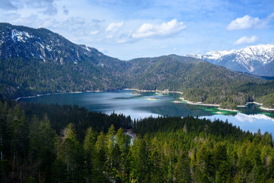 Scenic view of lake and mountains against sky