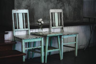 Chairs and tables in abandoned room