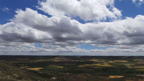 Scenic view of field against cloudy sky