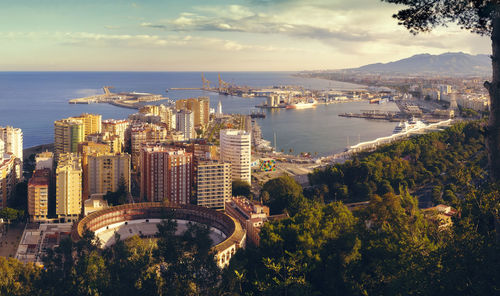 Panoramic view of the malaga city, harbor and bullfighting arena, costa del sol, malaga, spain