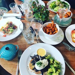 High angle view of food and drink on table