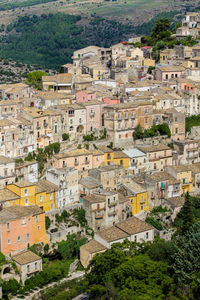 High angle view of old buildings in town