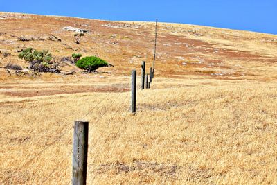 Wooden fence on field against sky