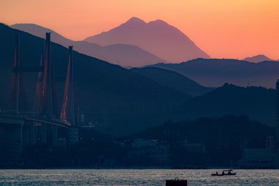 Scenic view of river against orange sky