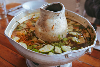 High angle view of food in bowl on table