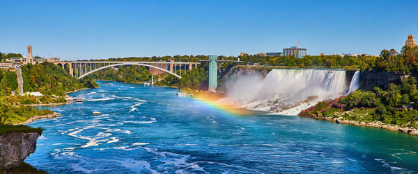 Bridge over river against clear blue sky