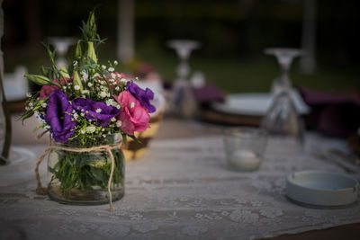 Close-up of purple flowers on table