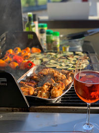 Close-up of meat on barbecue grill