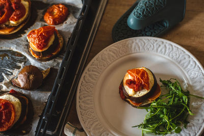 High angle view of breakfast served on table