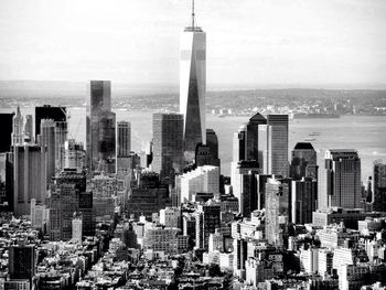 City skyline with sea in background