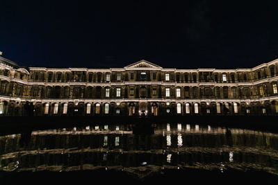 Reflection of building in water at night