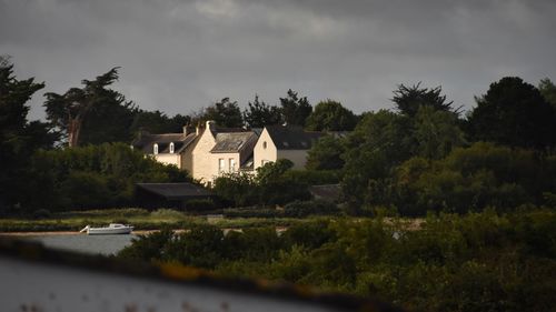 Houses by trees and buildings against sky