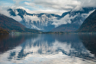 Scenic view of lake and mountains against sky