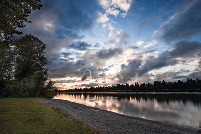 Scenic view of lake against sky at sunset