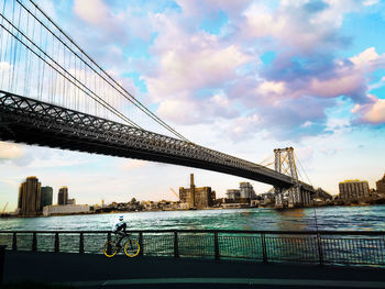 Bridge over river with city in background
