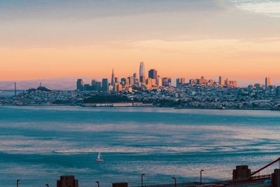 Sea and buildings against sky during sunset