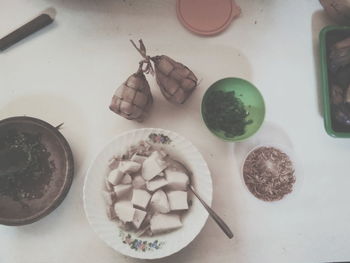 High angle view of chopped vegetables on table