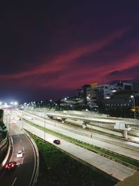 High angle view of highway at night