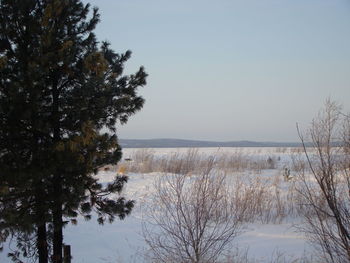Scenic view of lake against sky during winter