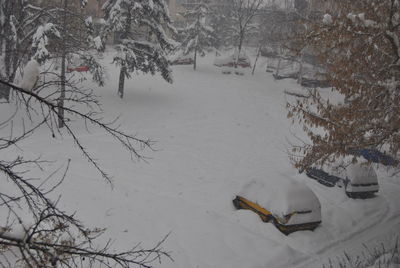 High angle view of snow covered field